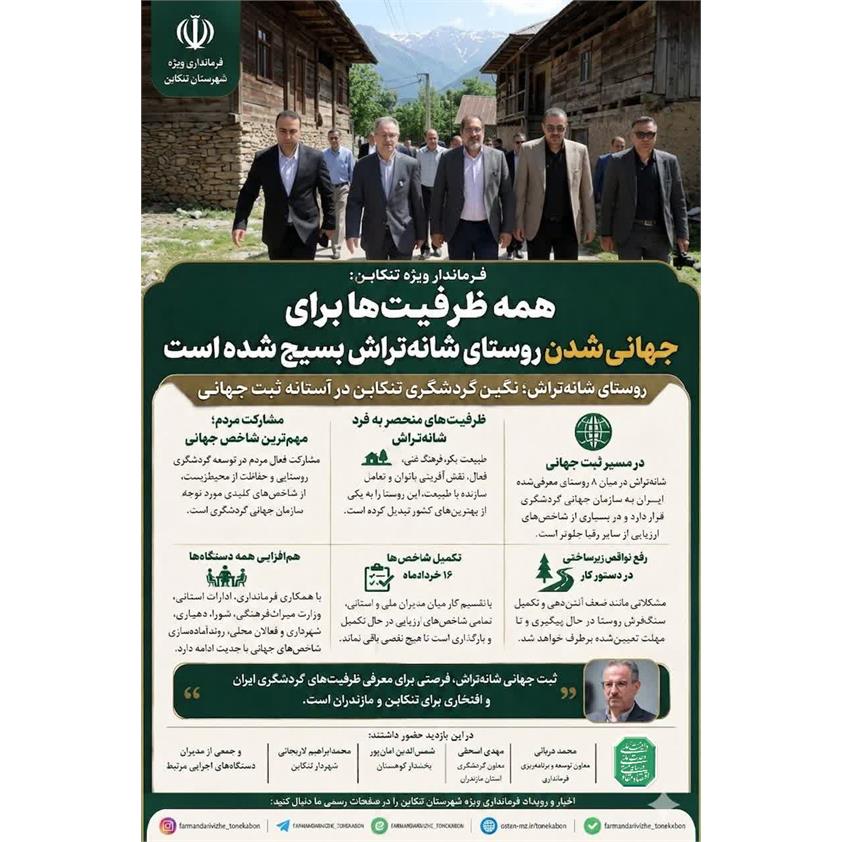 شانه‌تراش؛ نگین گردشگری تنکابن در آستانه ثبت جهانی | فرماندار ویژه تنکابن: همه ظرفیت‌ها برای جهانی‌شدن این روستا بسیج شده است ؛